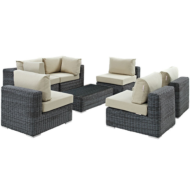 SUMMON 7 PIECE OUTDOOR PATIO SECTIONAL SET IN SUNBRELLA® CANVAS ANTIQUE BEIGE - onePage