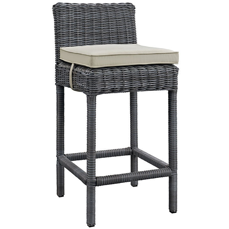 SUMMON OUTDOOR PATIO BAR STOOL IN SUNBRELLA® ANTIQUE CANVAS BEIGE - onePage