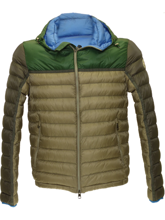 Moncler SS15 two-tone hooded puffa jacket in Grey/Green(V) - onePage

