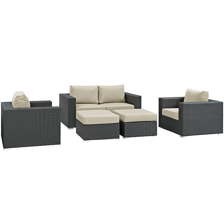 SOJOURN 5 PIECE OUTDOOR PATIO SECTIONAL SET IN SUNBRELLA® CANVAS ANTIQUE BEIGE - onePage