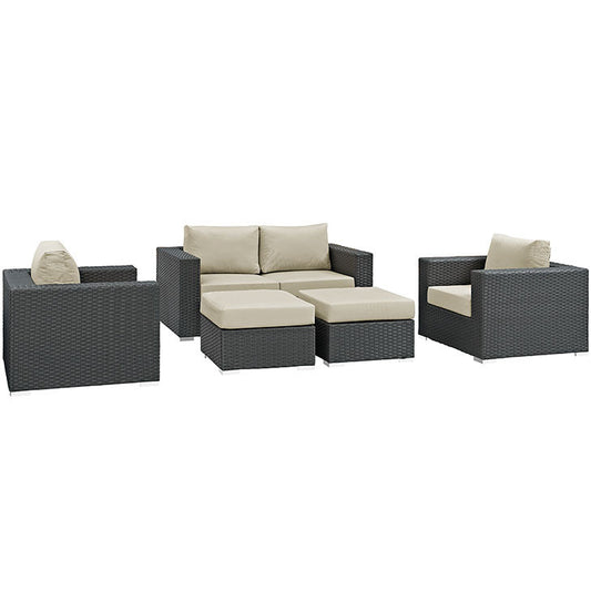 SOJOURN 5 PIECE OUTDOOR PATIO SECTIONAL SET IN SUNBRELLA® CANVAS ANTIQUE BEIGE - onePage