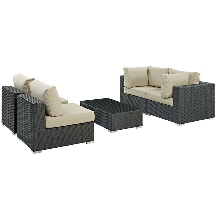 SOJOURN 5 PIECE OUTDOOR PATIO SECTIONAL SET IN SUNBRELLA® CANVAS ANTIQUE BEIGE - onePage