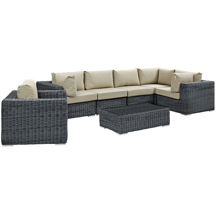 SUMMON 7 PIECE OUTDOOR PATIO SECTIONAL SET IN SUNBRELLA® CANVAS ANTIQUE BEIGE - onePage