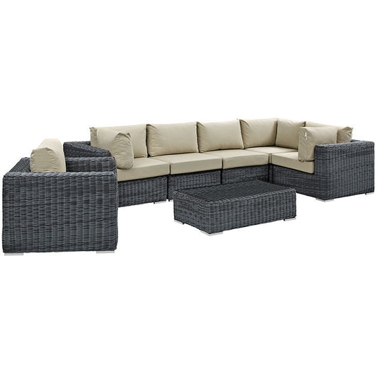 SUMMON 7 PIECE OUTDOOR PATIO SECTIONAL SET IN SUNBRELLA® CANVAS ANTIQUE BEIGE - onePage