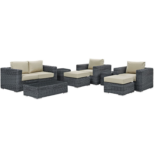 SUMMON 8 PIECE OUTDOOR PATIO SECTIONAL SET IN SUNBRELLA® CANVAS ANTIQUE BEIGE - onePage