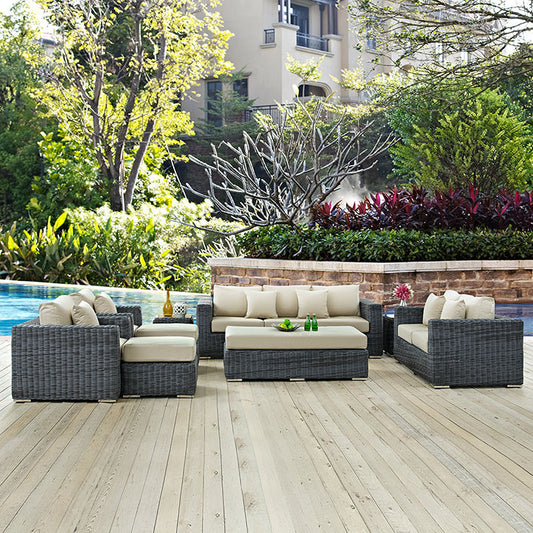 SUMMON 9 PIECE OUTDOOR PATIO SECTIONAL SET IN SUNBRELLA® CANVAS ANTIQUE BEIGE - onePage