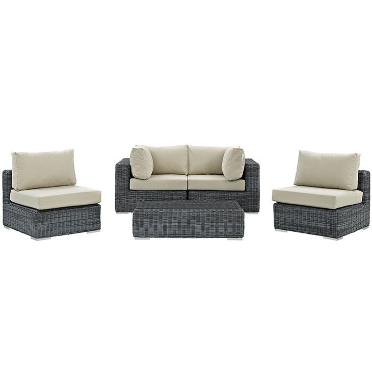 SUMMON 5 PIECE OUTDOOR PATIO SECTIONAL SET IN SUNBRELLA® CANVAS ANTIQUE BEIGE - onePage