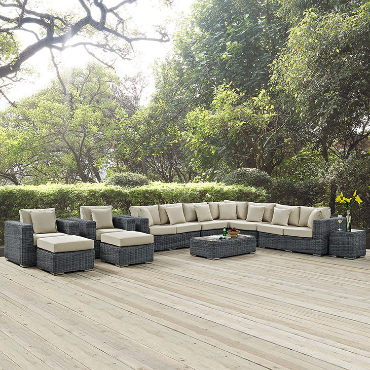 SUMMON 11 PIECE OUTDOOR PATIO SECTIONAL SET IN SUNBRELLA® CANVAS ANTIQUE BEIGE - onePage