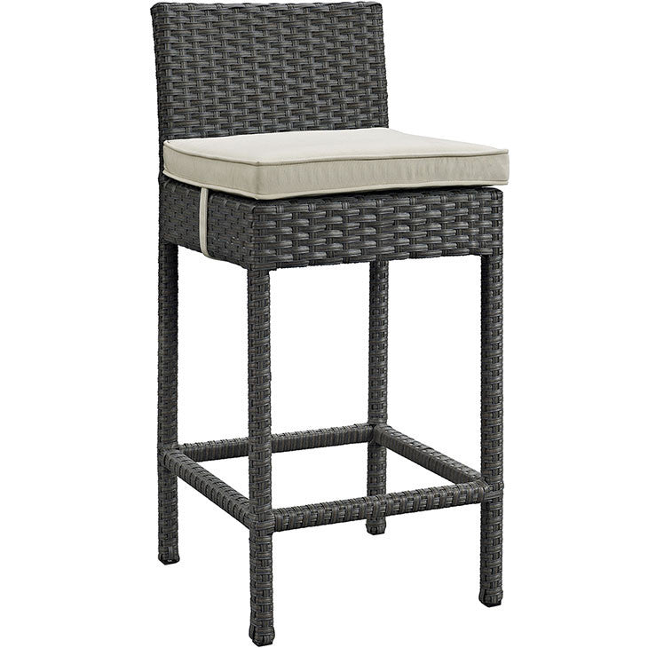 SOJOURN OUTDOOR PATIO WICKER BAR STOOL IN SUNBRELLA® ANTIQUE CANVAS BEIGE - onePage