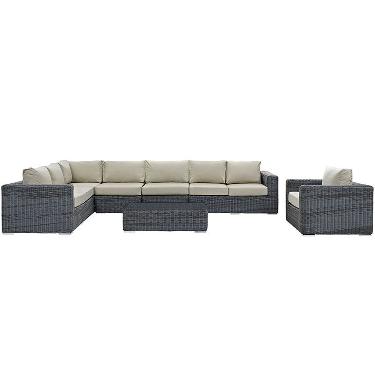 SUMMON 7 PIECE OUTDOOR PATIO SECTIONAL SET IN SUNBRELLA® GRAY BEIGE - onePage